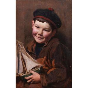 Aloïs BOUDRY 1851-1938 Portrait d'enfant au bateau, tableau, vers 1900 maquette impressionnisme