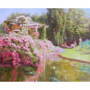 Jules Girardet 1856-1938 La roseraie du jardin, tableau, 1930 fleurs rose paysage parc
