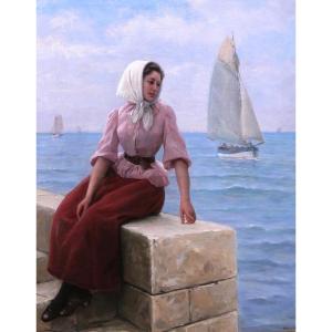 Charles ESCUDIER 1848-1923 Femme en bord de mer attendant le retour du bateau, tableau, 1902
