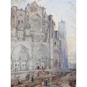 Louis-Désiré Thiénon 1812-1889 Reims, la cathédrale, paysage, dessin, 1875 tableau romantisme