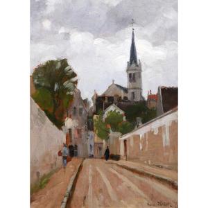 Gabriel Deneux 1856-1943 Landscape Of A Street And A Church, Painting Circa 1900, Impressionism
