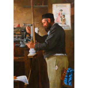 Edmond Quignard, 19th-20th Century, Weaver In His Workshop, Large Painting, Circa 1900, Portrait Of A Man