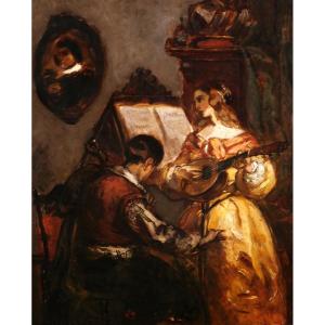 Henri LEYS (att. à) 1815-1869 Le concert, violoncelle et mandoline, tableau musique Belgique