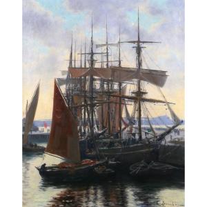 Etienne Bouillé 1858-1933 Paimpol, goélettes islandaises au port, tableau, vers 1900 Bretagne