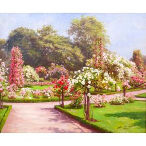 Jules Girardet 1856-1938 L a roseraie du jardin (Bagatelle ?) tableau fleurs roses jardin