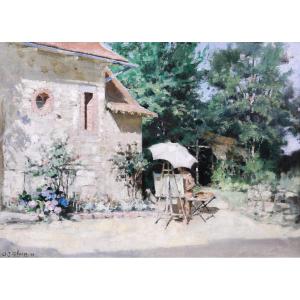 Aujuste-Jean Claire 1881-1970 Le peintre au jardin, tableau, Orne Saint-Céneri-le-Gérei paysage