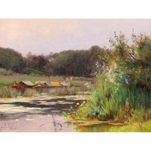 Léon Le Royer 1858-1939 Paysage fluvial aux péniches et aux fleurs, tableau impressionnisme