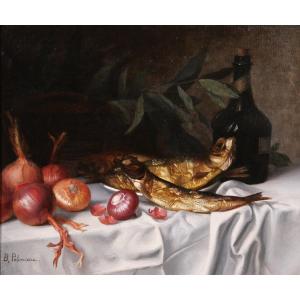 Blanche Polonceau 1846-1914 Nature morte aux harengs et aux oignons, tableau, vers 1880-90