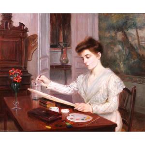 P.-M. Lapierre-Renouard 1854-1940 Femme à l'aquarelle, tableau, vers 1900, portrait, peintre