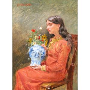 Jean Joseph WEERTS 1846-1927 Rêverie sur la beauté, portrait de jeune femme, tableau, 1870-80