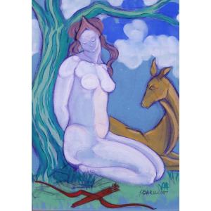 Robert Barillot 1921-2001 Nude Woman, Drawing, 1940-50 Valenciennes Nord Hunting Scene Diana