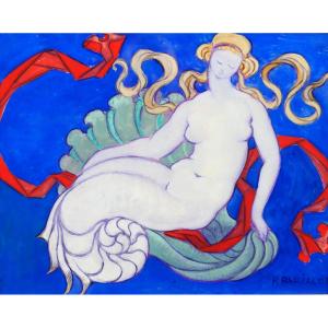 Robert Barillot 1921-2001 Nude Woman, Drawing, Circa 1940-50 Valenciennes Nord Painting Mermaid