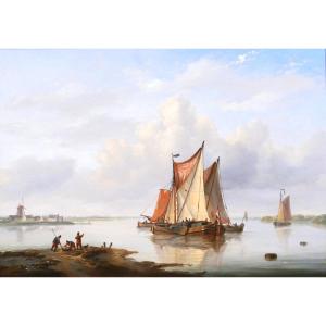Louis VERBOECKHOVEN 1802-1889 Bateaux hollandais en mer, tableau marine romantisme Pays-Bas