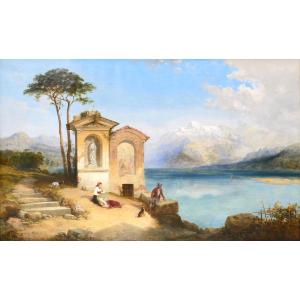 François-Antoine BOSSUET 1798-1889 Paysage des lacs d'Italie du nord, grand tableau, vers 1850
