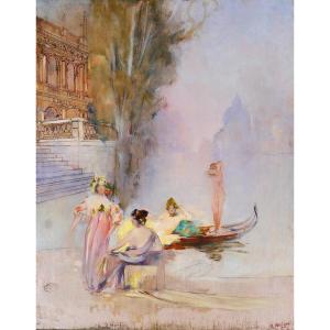 Raymond Allègre 1857-1933 Venice, Women In Front Of A Palace, Painting, Circa 1900, Italy