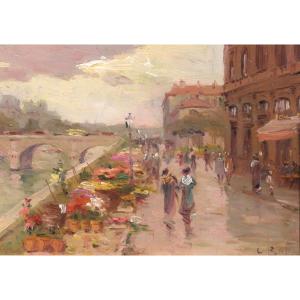 Léon BALLIN 19-20e Paris, le quai aux fleurs et la mairie, paysage, tableau vers 1890-1900