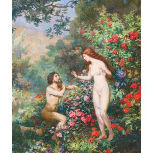 Théophile Bernet 1865-1933 The Meeting, Adam And Eve, Large Painting, Salon 1913 Flowers Garden