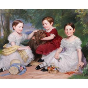 James Ramsay 1789-1854 Portrait d'enfants et de chien, grand tableau 1844 famille Angleterre