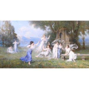 Emile-Louis Foubert 1848-1911 L'escarpolette, grand tableau, Salon 1907 nymphe femme paysage