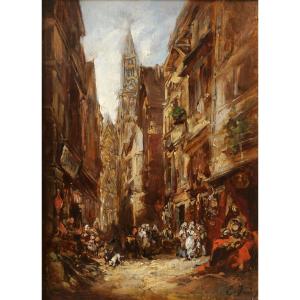Eugène Isabey 1803-1886 Rouen, Glocery Street And The Cathedral, Landscape Painting Normandy