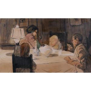 Louis Demailly 1879-1942 Le Diner En Famille, Drawing Circa 1900 Impressionist Painting By Renoir