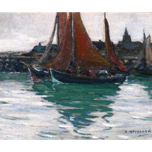 Charles Houssard 1884-1958 Brittany, Boats In Port, Painting Sea Landscape Belgium