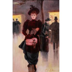 French School Circa 1900, Woman With A Doll Leaving A Store, Painting Signed Impressionism