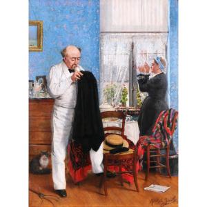Rodolphe JACOBS 19e, Couple à l'intérieur bleu, tableau, vers 1890, impressionnisme Belgique