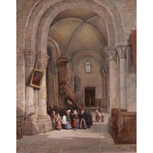 Edme Dumée 1792-1861 Rouen, Church Interior, Painting 1849 Romanticism Normandy