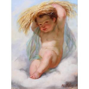 Henri Joseph DILLENS 1812-1872 Allégorie de l'été en enfant, tableau, 1870 saison Belgique