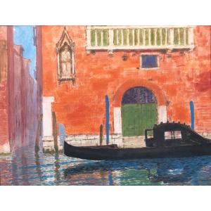 Sigismond JEANES 1863-1952 Venise, paysage à la gondole, tableau, gouache et encre vers 1920-30