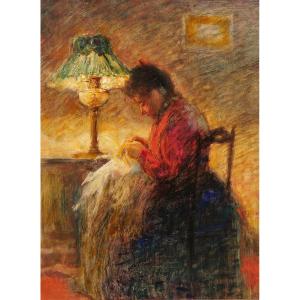 French School Circa 1900 Woman Sewing, Painting, Impressionist Interior