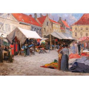 Jules CRAN 1876 -1926 Jour de marché à Nieuport, Belgique, tableau, 1906 impressionnisme﻿