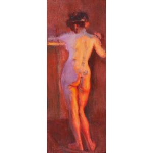 Emile Tremblay 1855-1935 Femme nue, effet en mauve et orange, tableau vers 1900 impressionnisme