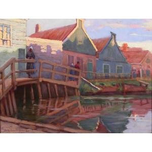 Jules Benoit-Levy 1866-1952 Pays-Bas, paysage aux maisons colorées, Volendam ? tableau 1901