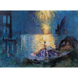 Henri Le Riche 1868-1944 Venise, fête nocturne, tableau, 1928 Italie Art Déco feu d'artifice