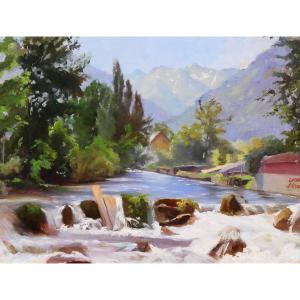 Léon Mayet 1858-1939 Luchon, Landscape With The River, Painting, Circa 1900 Pyrenees Mountains
