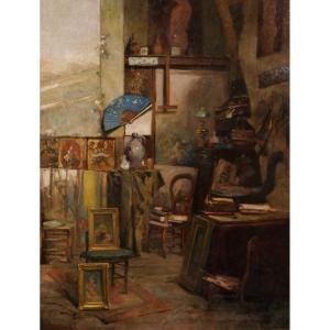 Emile Rimbout 1849-1926 The Artist's Studio In Brussels, Painting, Circa 1890 Interior