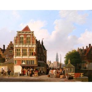 Johannes RUTTEN 1809-1884 Amsterdam, paysage animé à la Westerkerk, tableau, vers 1840-50