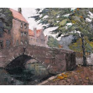 Stéphane-Georges DEBAENE 1902-1946 Bruges, paysage, tableau vers 1930-40 Belgique Art Déco
