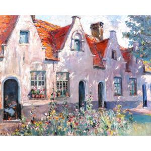 Jules POSTEL 1867-1955 Bruges, fleurs au Béguinage, grand tableau, vers 1930, paysage Brugge