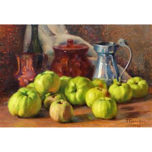 François FORICHON 1865-1952 Nature morte aux pommes, 1929, tableau fruit impressionnisme