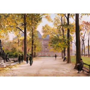 Henri LOUBAT 1855-1926 Paris, le jardin du Luxemborg, tableau, 1911 paysage impressionnisme