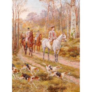 Paul TAVERNIER 1852 -1943 Chasse à courre, tableau vers 1900 chien cheval Fontainebleau vénerie