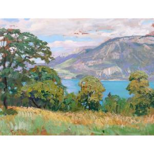 Lucien Jonas 1880-1947 Annecy, paysage au lac, tableau, vers 1930-40 Alpes Savoie Montagne