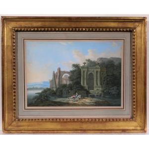 Ecole Française du 18e siècle, Paysage d'Italie aux ruines, dessin, gouache néoclassique