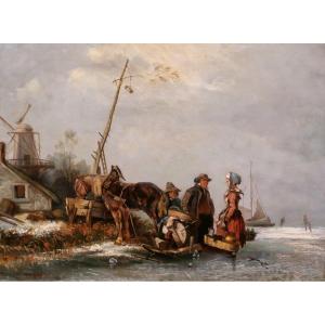 Eugène Lepoittevin 1809–1870 Netherlands, Genre Scene With Skaters, Painting 1840–50, Landscape
