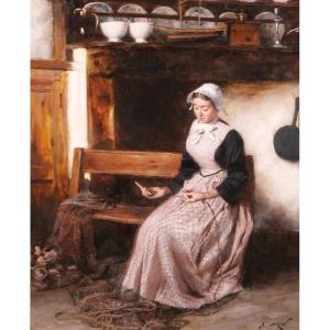 Alexandre Brun 1853–1941 Brittany, Woman Mending Nets, Painting Circa 1890–1900, Fisherman