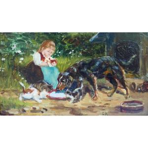 19th School Dogs And Cats, Monogram Painting Gb Impressionism Animals Gordon Setter