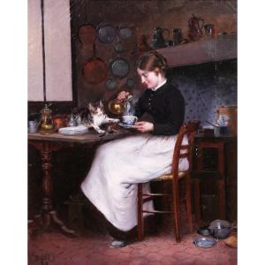 Adolphe BINET 1854-1897 Femme au chat, tableau, 1883 intérieur animaux cuisine impressionnisme